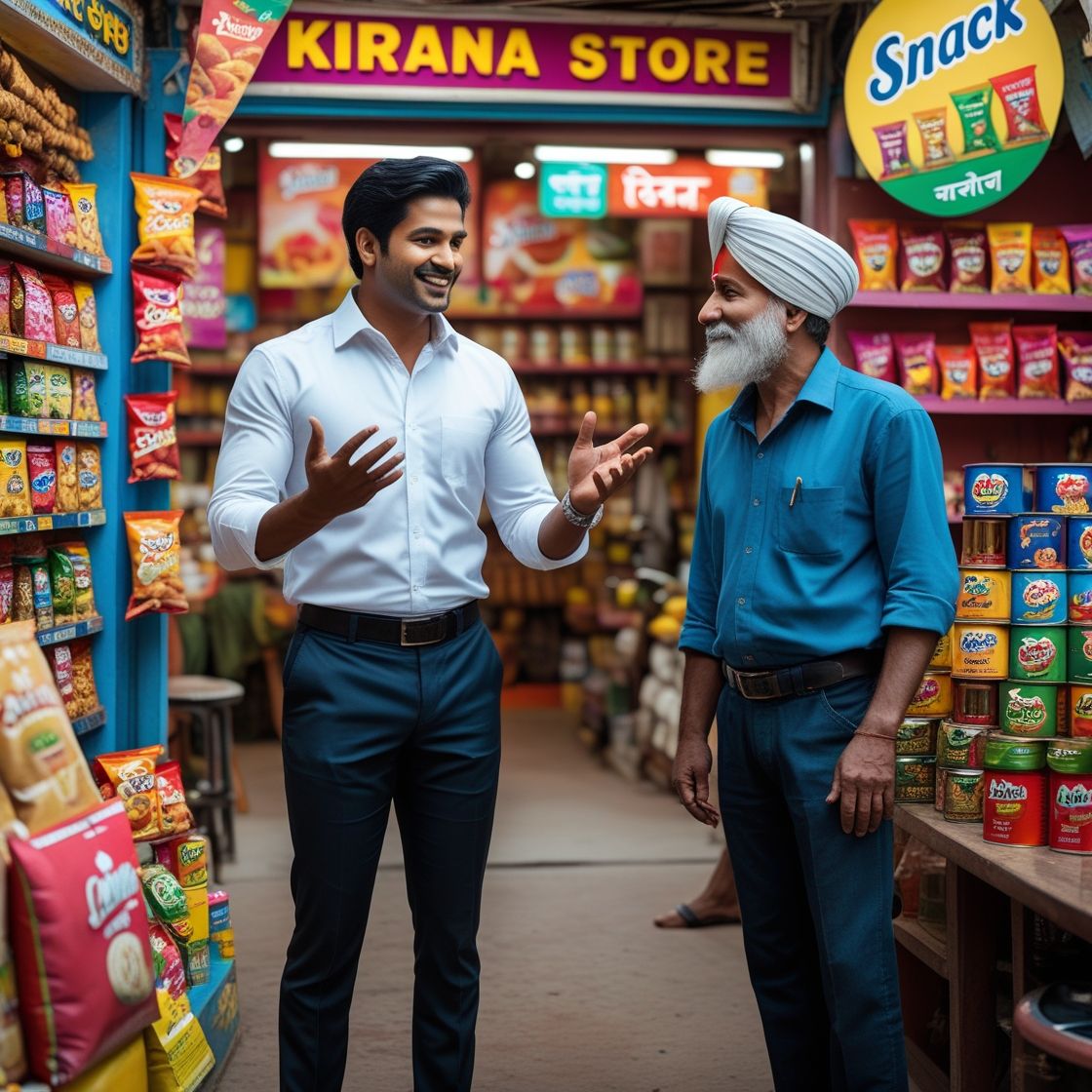 SuperSales field rep talking with a kirana store owner at the counter